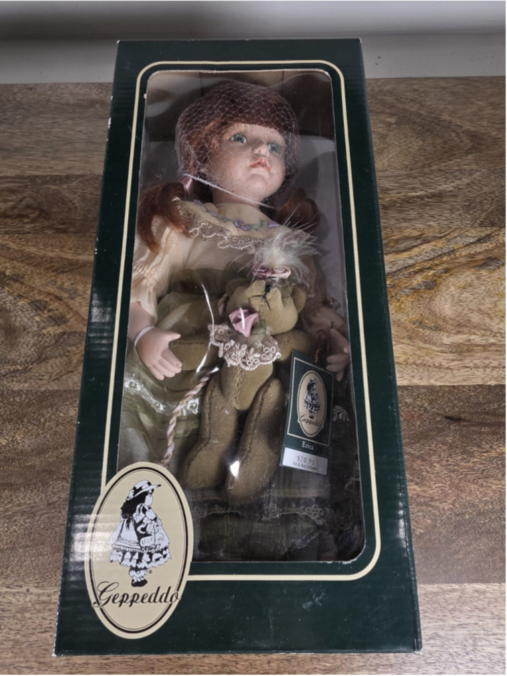 VTV Geppeddo Erica Porcelain Doll Teddy Bear Hat Original Box Tag 11" Red Hair